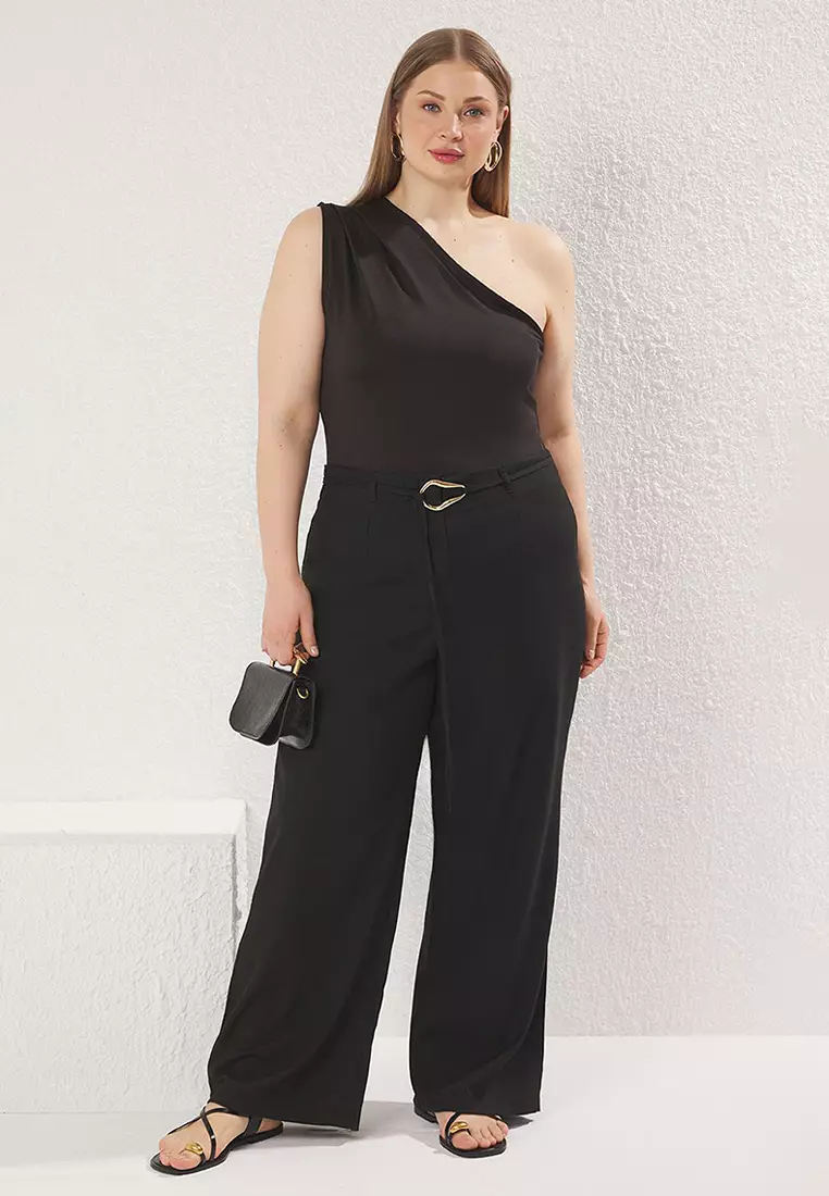 Black High Waist Wide Leg Belt Accessory Plus Size Woven Trousers Tbbss25Ar00037