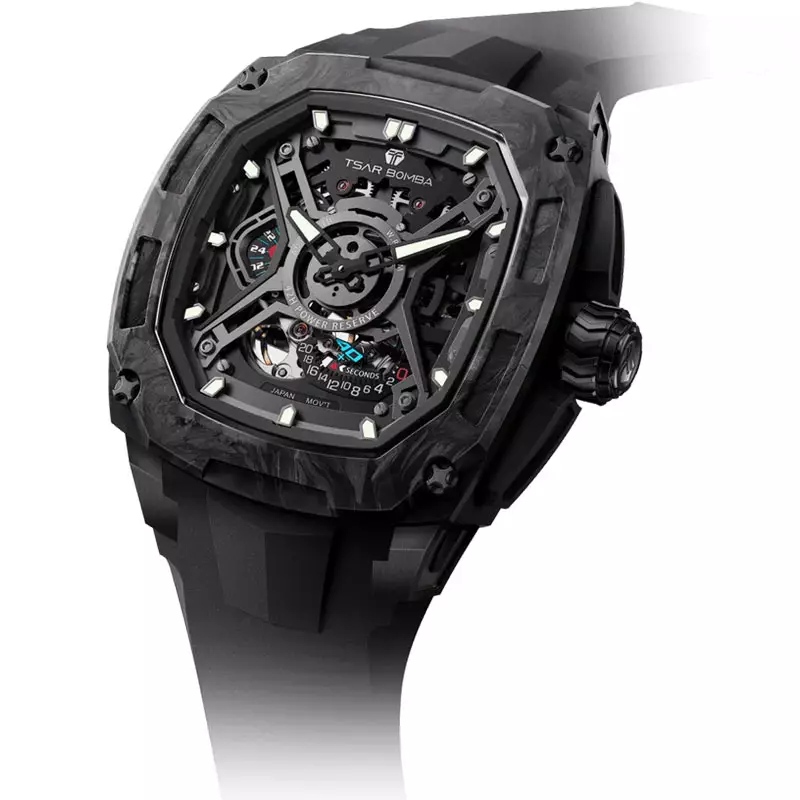 Jam Tangan Pria Tsar Bomba Dark Matter 5 TB8605-04 Automatic Carbon Fiber Bezel Skeleton Dial Black Rubber Strap