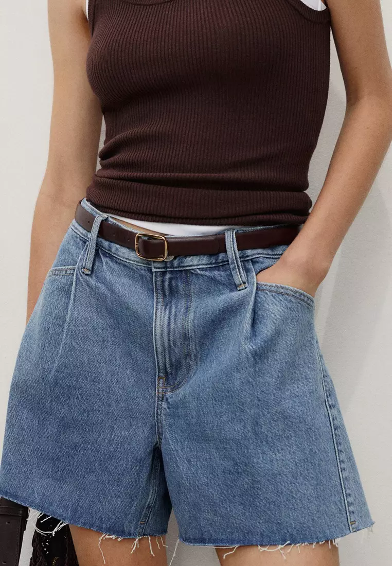 Denim Shorts With Frayed Hem And Pleats