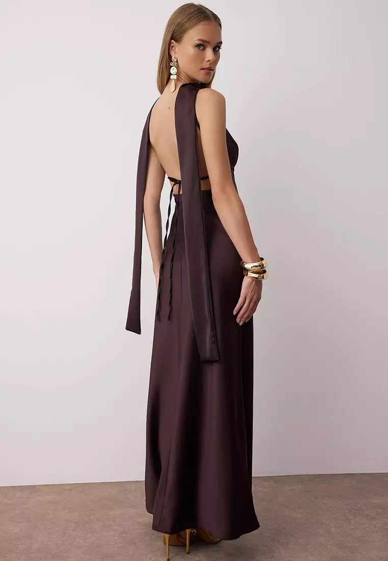 Brown Shawl Detailed Satin Woven Maxi Evening Night Graduation Dress