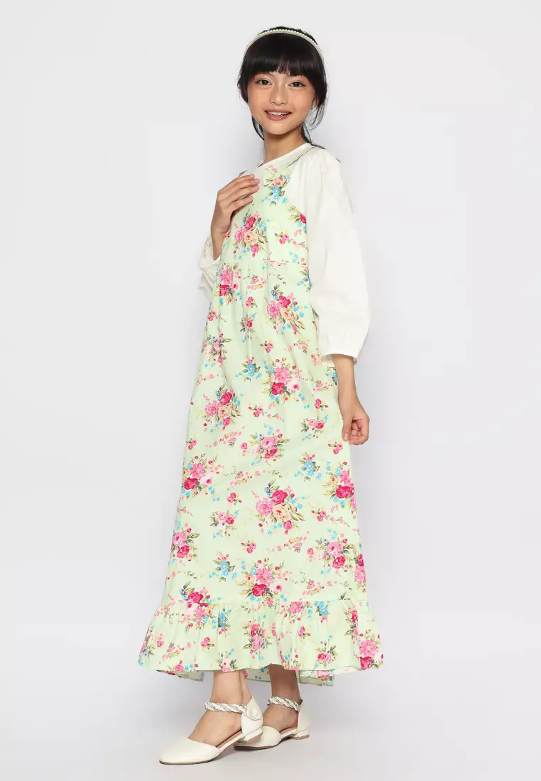 Baju Gamis Anak Perempuan Bunga Pita Hijau With Model - BLESS