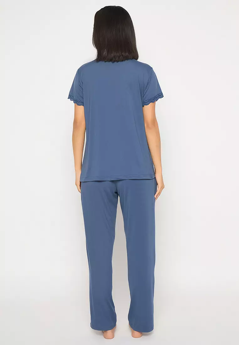 Clovia Peplum Top & Pyjama Set in Steel Blue