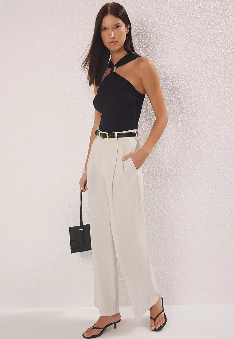 Black Accessory Detailed Gathered Stretchy Knitted Blouse Twoss25Bz00529