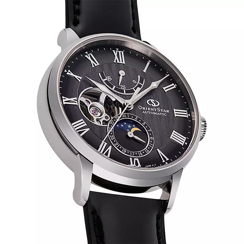 Jam Tangan Pria Orient Star RE-AY0107N Mechanical M45 Watch Men Black Moon Phase Dial Black Leather Strap