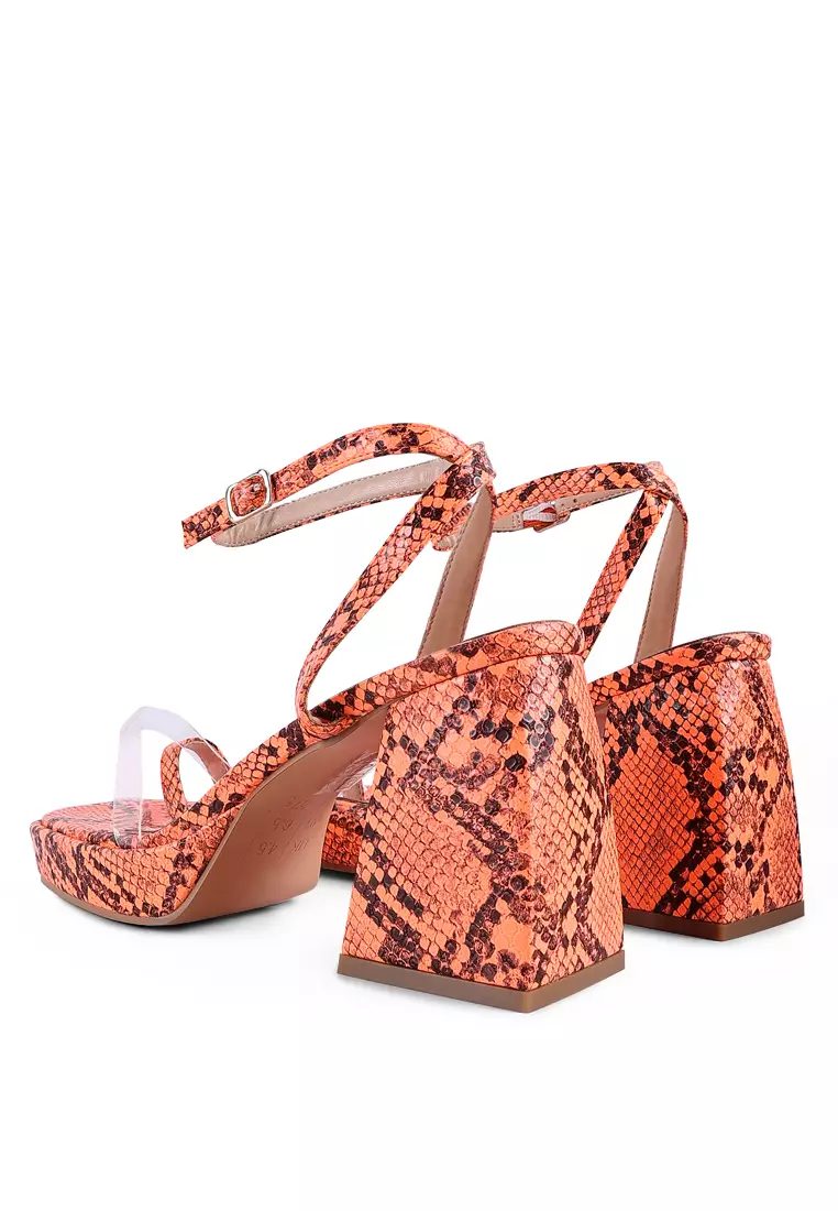 Orange Snake Pattern Block Heeled Sandals