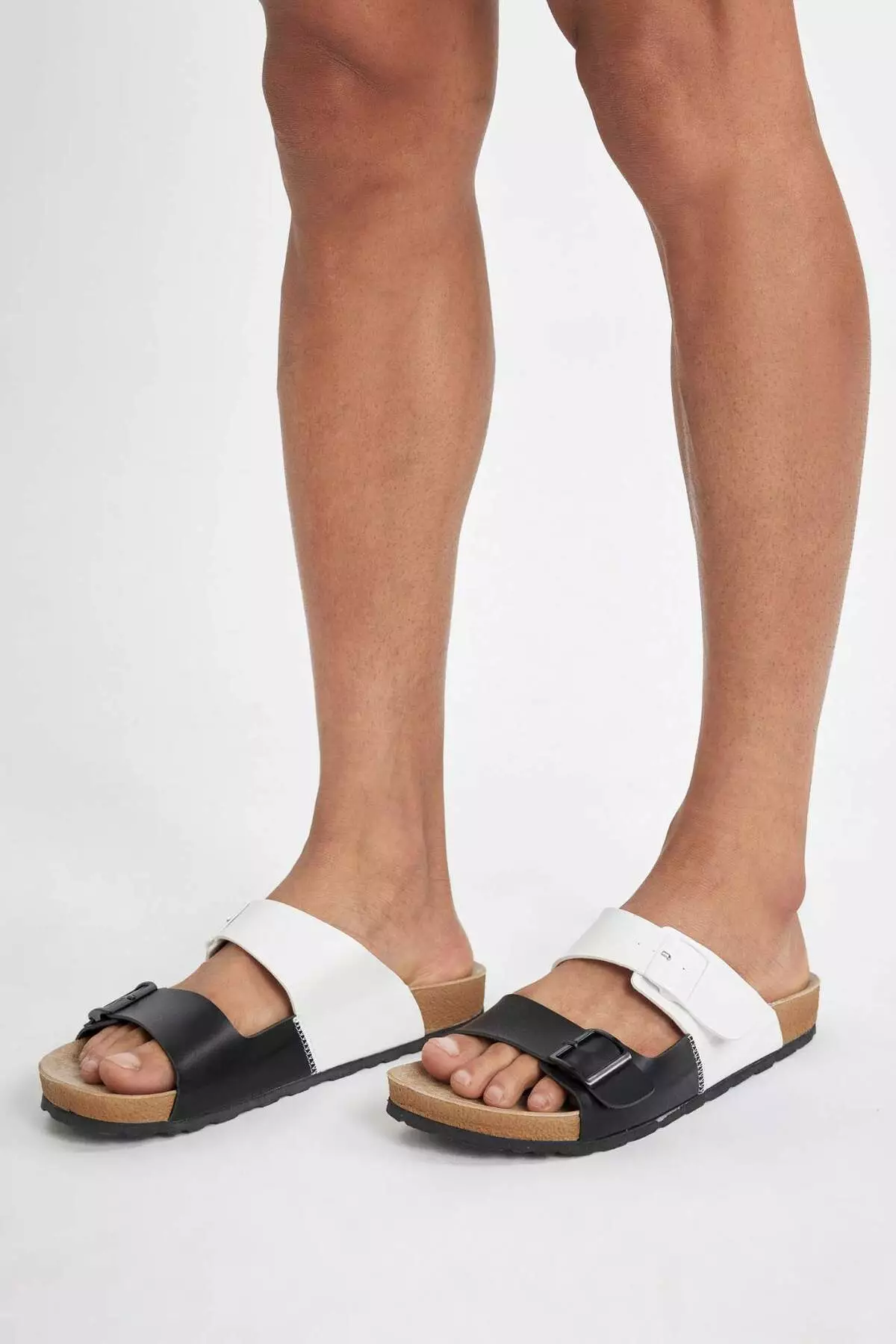 Men's Faux Leather Slippers - Flat Sole, Double Band, C3754AX24HS