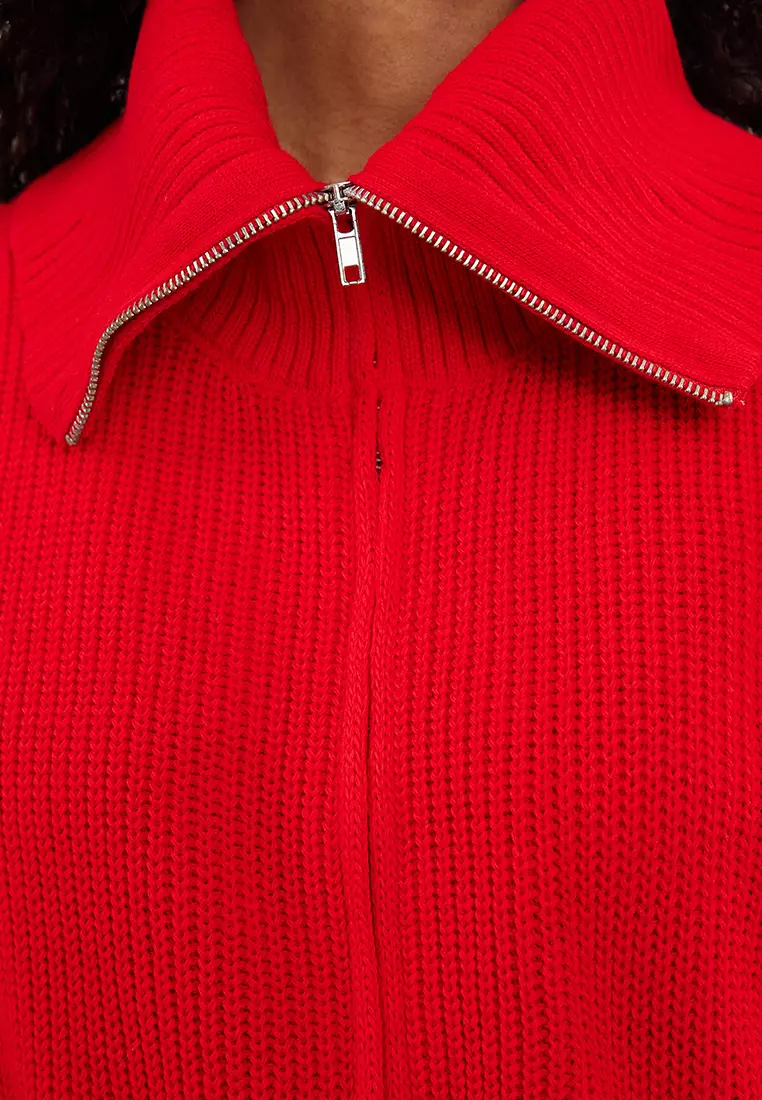 Red Wide Pattern Turn-down Collar Zippered Knitwear Cardigan TWOAW24HI00072