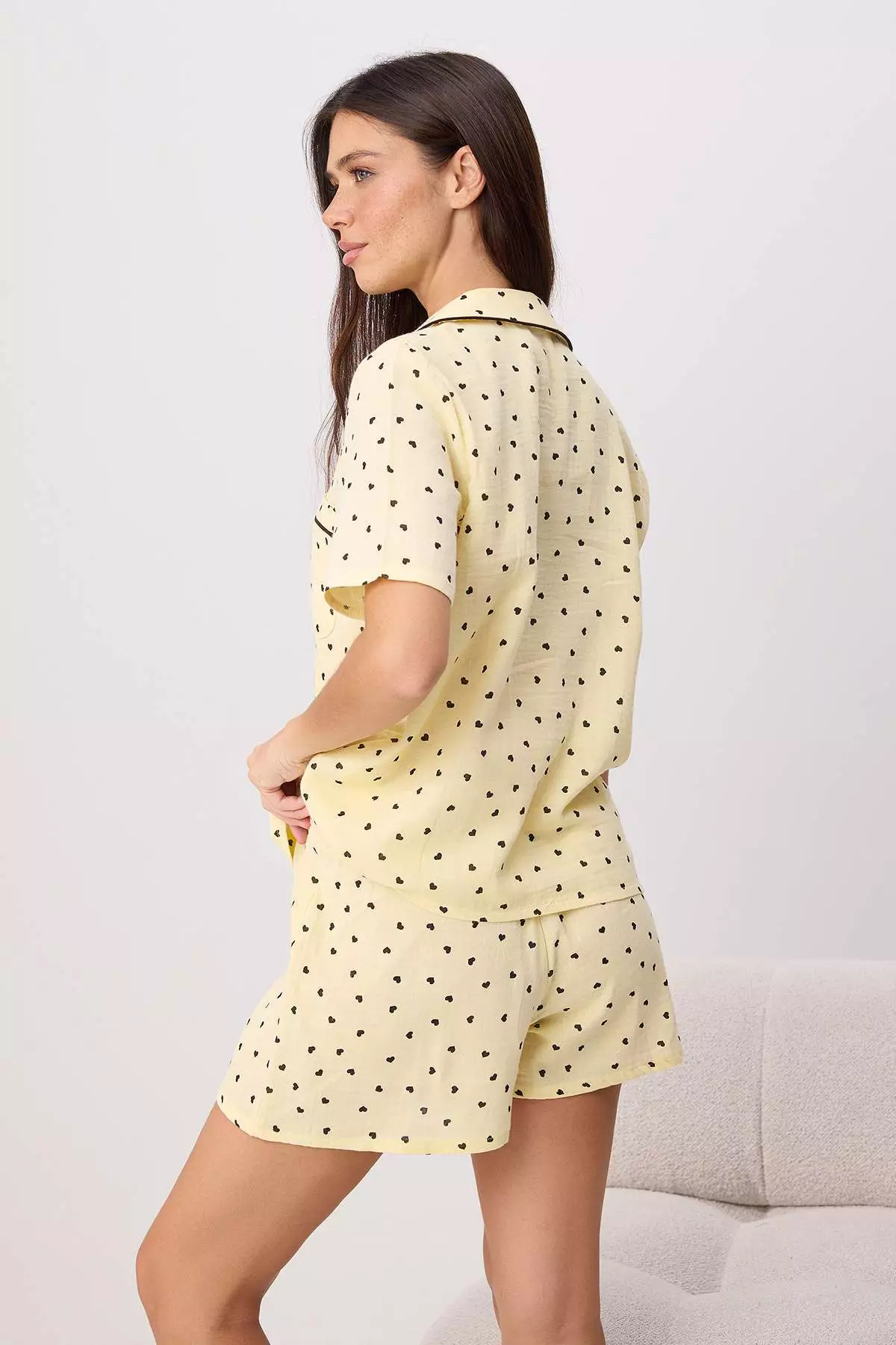 Yellow 100% Cotton Hearted Piping Muslin Shorts Woven Pajama Set Thmss25Pt00404