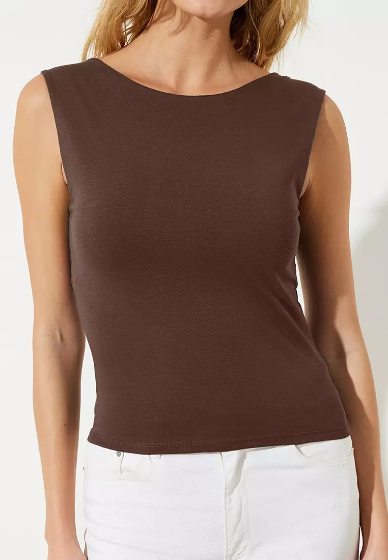 Brown Backless Fitted Regular Length Cotton Flexible Knitted Blouse Twoss24Bz00031