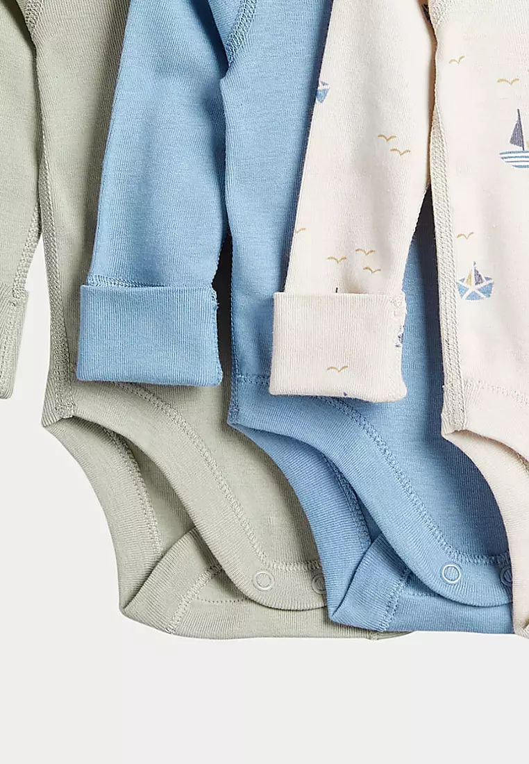 3pk Pure Cotton Plain & Boat Bodysuits