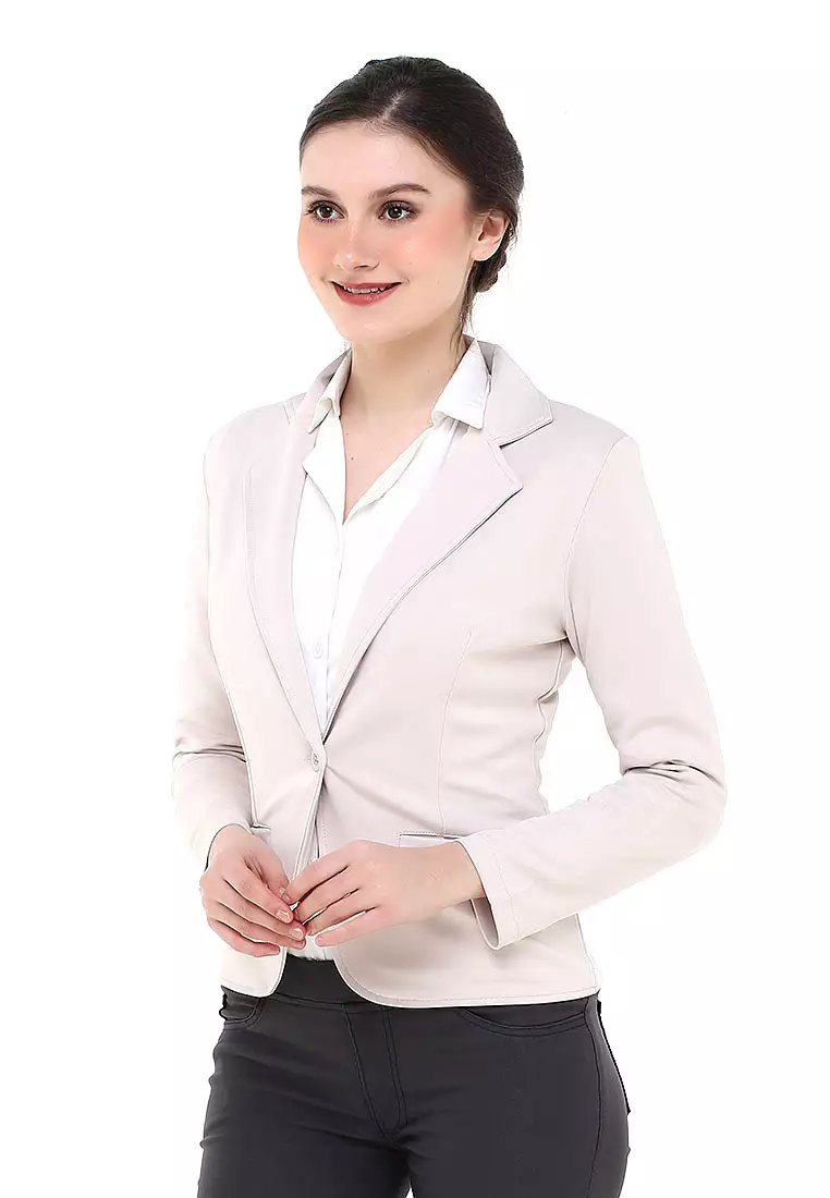 Qemsya Jas Blazer Wanita One Botton Slim Fit Formal Longsleeve Suit Material Scuba ORIGINAL - Cream