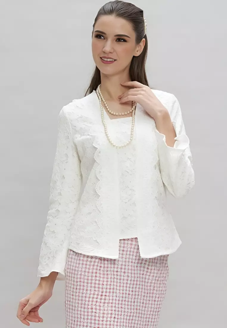White Lace Kebaya & Black Checkered Skirt