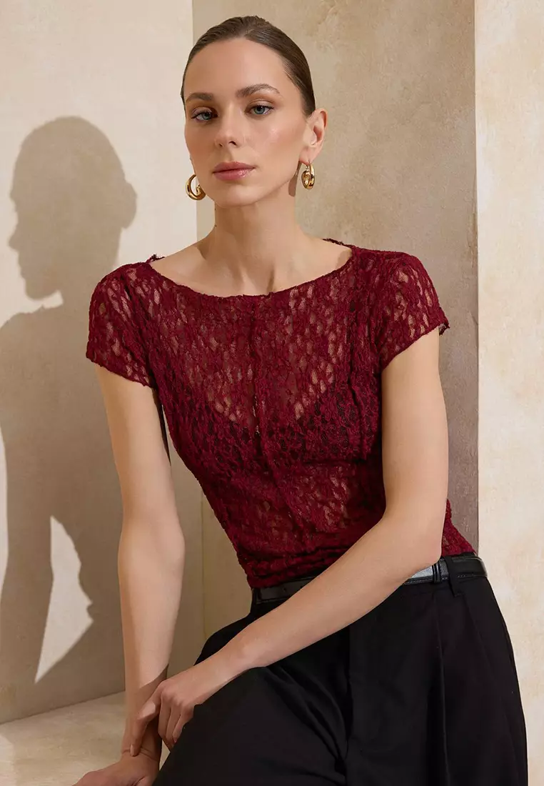 Burgundy Fitted/Bodycon Boat Neck Short Sleeve Lace Knitted Blouse Twoss26Bz185