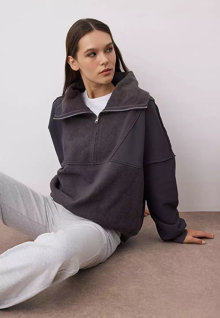 Anthracite Regular/Normal Pattern Polar Fleece Zippered Pocket Detailed Thick Knitted Sweatshirt