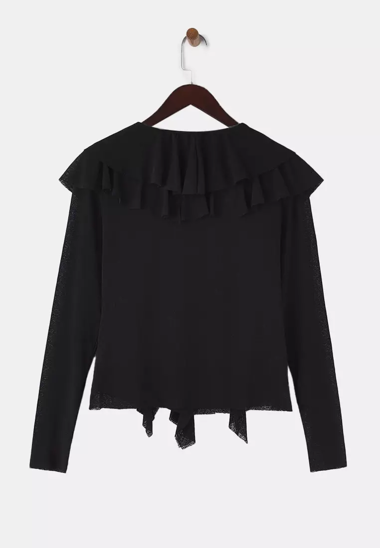 Flounced Ruffle V-Neck Regular Knitted Blouse