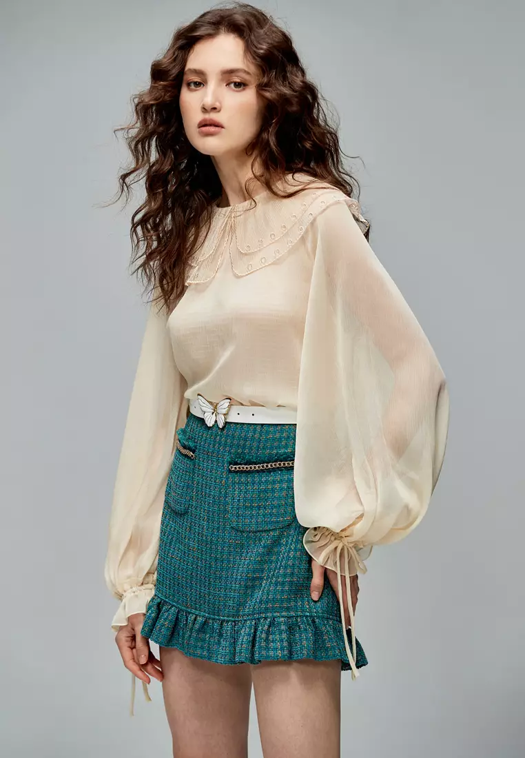 Chiffon Top With Lace Bertha Collar