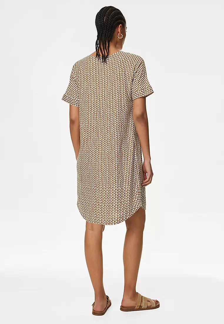 Linen Rich Printed V-Neck Shift Dress