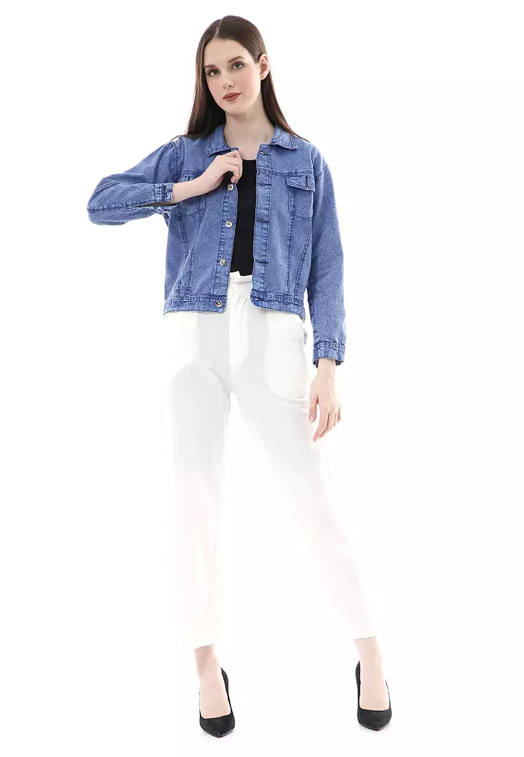 Bilah Jacket Jeans Biondy Atasan Wanita Crop All Size Premium Quality - Snow Blue