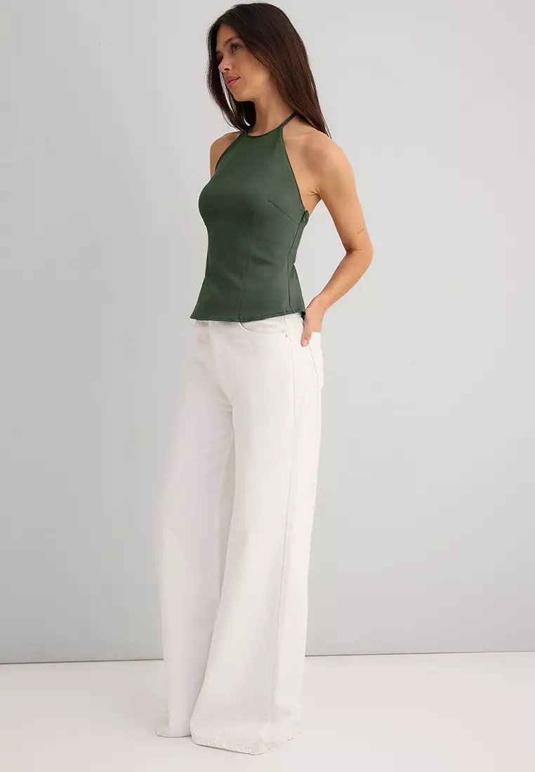 Khaki Cotton Thin Gabardine Halter Neck Woven Blouse