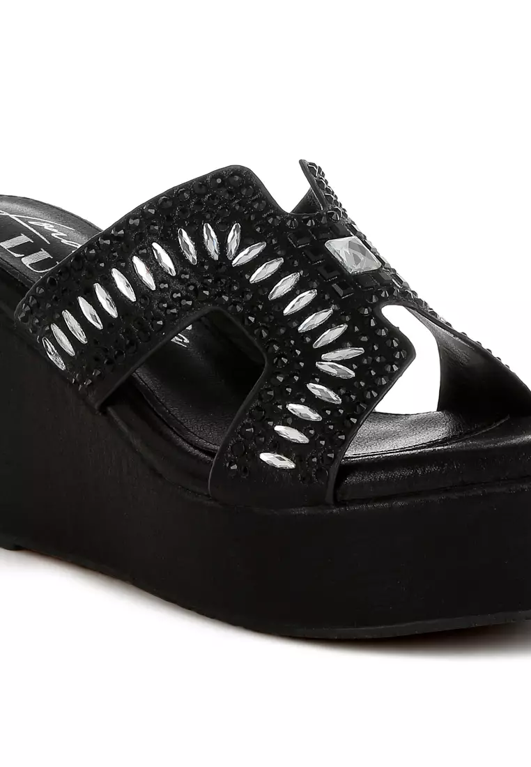 Diamante & Rhinestone Detail Cut-Out Sandals in Black