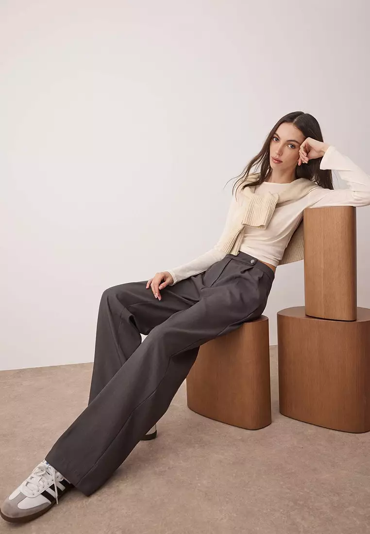 Gray Wide Leg High Waist Woven Trousers Twoaw26Pl00036