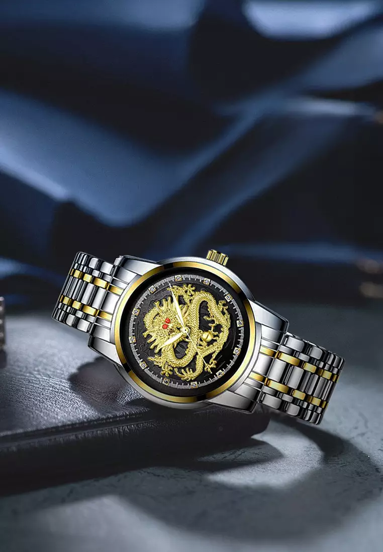 Jam Tangan Pria 9002 Naga Emas Stainless Steel Quartz Original Dragon Gold Kuning Jam Tangan Cowok gold black