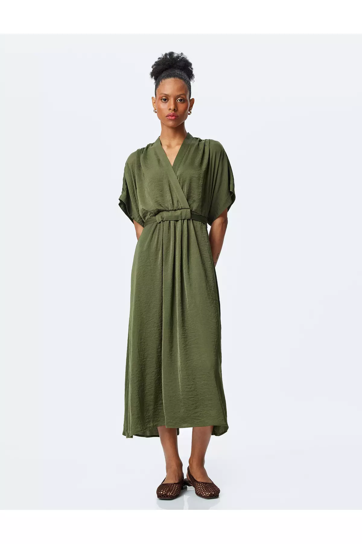 Flowy Short Sleeve Midi Length Double Breasted Satin Dress