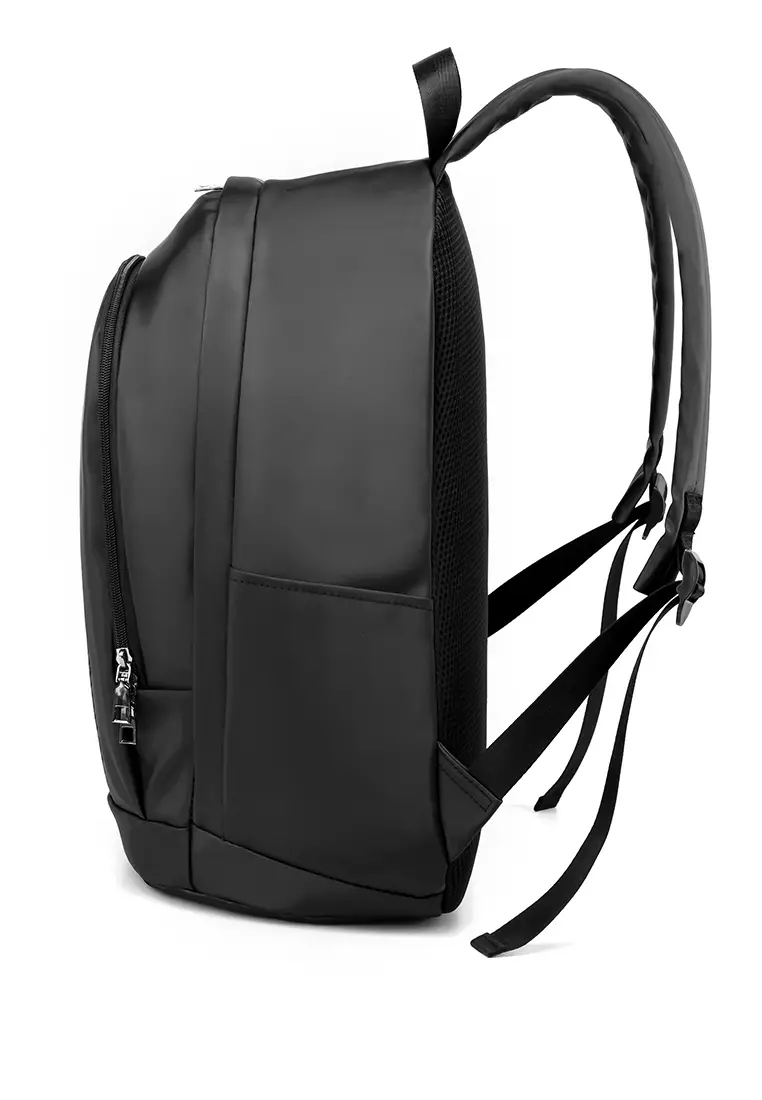 Men's Plain Water-proof Wear-resistant Nylon Zipper Backpack - Black