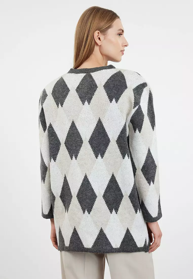 Gray Diamond Patterned Knitwear Cardigan Tctaw25Th00022