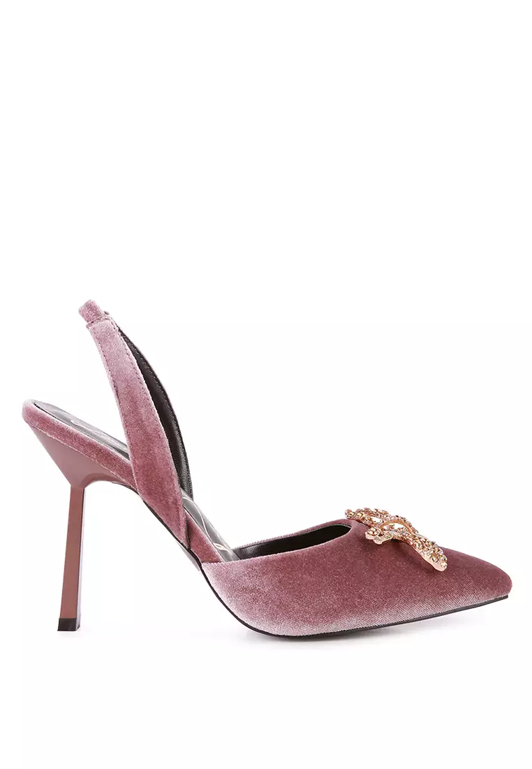 Discount on London Rag  shoes - SKU: Lilac Velvet Diamante Detail Heeled Slingback Mules