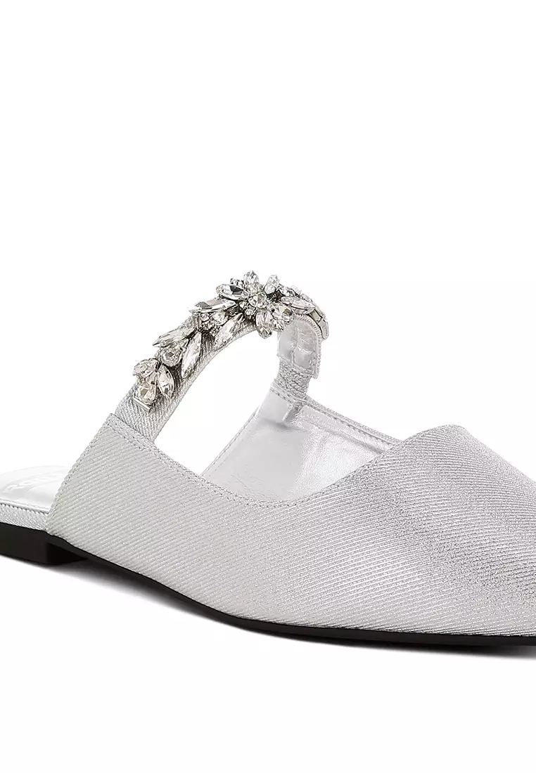 Diamante Strap Glitter Mules in Silver