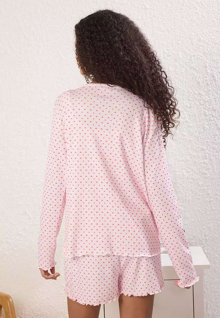 Pink 3-Piece Heart and Polka Dot Ribbed Shorts Knitted Pajama Set THMSS25PT00003