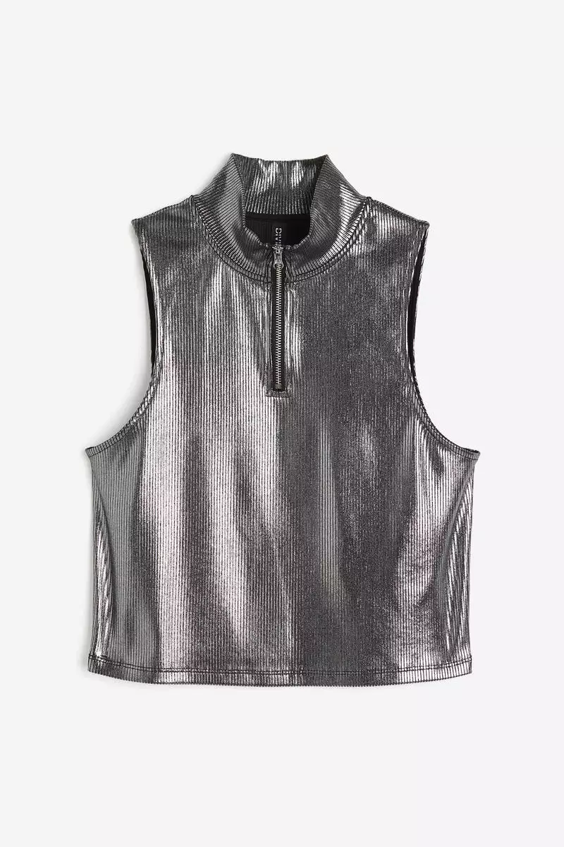 Zip-top shimmering metallic vest top