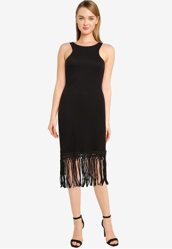 French Connection black Solle Fringe Jersey Halter Neck Dress 0DD1CAA502997BGS_1
