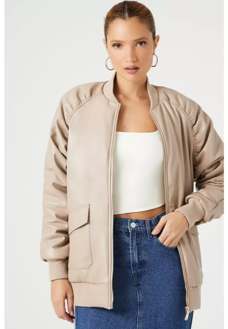 Faux Leather Ruched Bomber Jacket