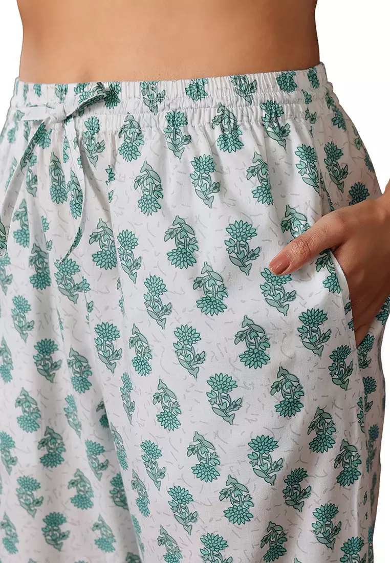 Clovia Pretty Florals Top & Pyjama in Teal Green - 100% Cotton