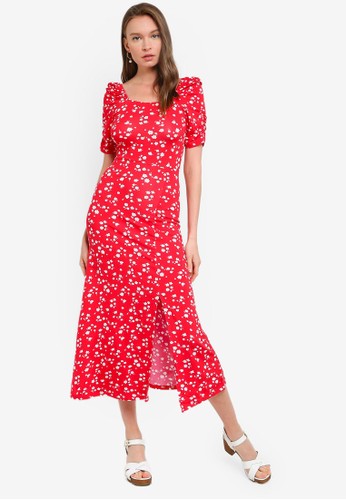 Jual Dorothy Perkins Red Ditsy Ruched Sleeve Midi Dress Original Zalora Indonesia