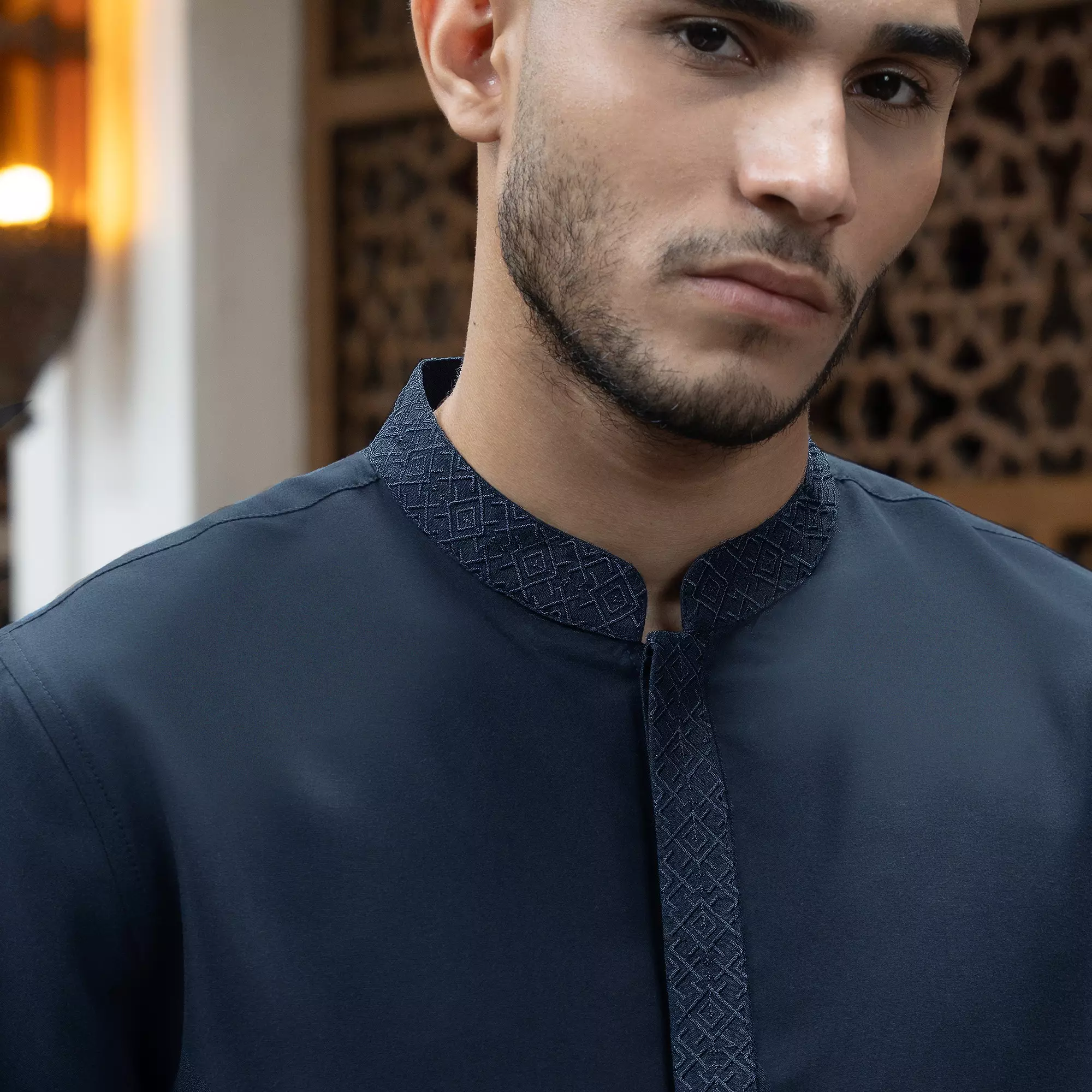 Kemeja Koko Bordir Azril Tangan Panjang Pria Muslim Lebaran Navy