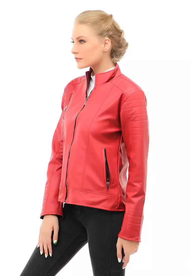 Glenice Jacket Outer Wanita Jaket Kulit Casual Simple Design Material Leather ORIGINAL - Red
