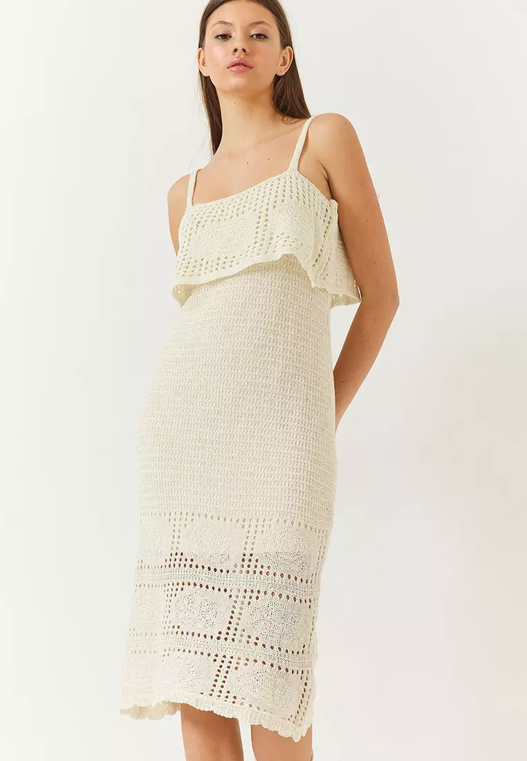 Women's Flower Detailed Strapless Openwork Layered Detail Knitted Dress 60261407