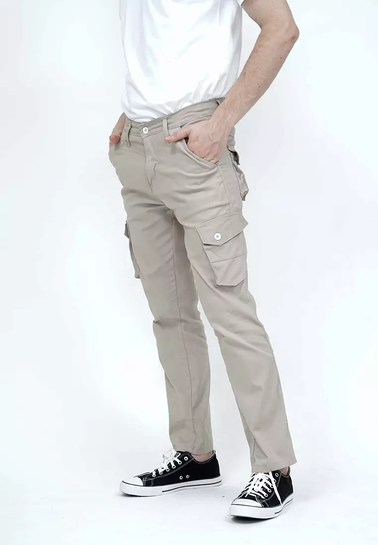 Celana Panjang kargo Pria Slim Fit Cargo pants kantong stretch melar Krim
