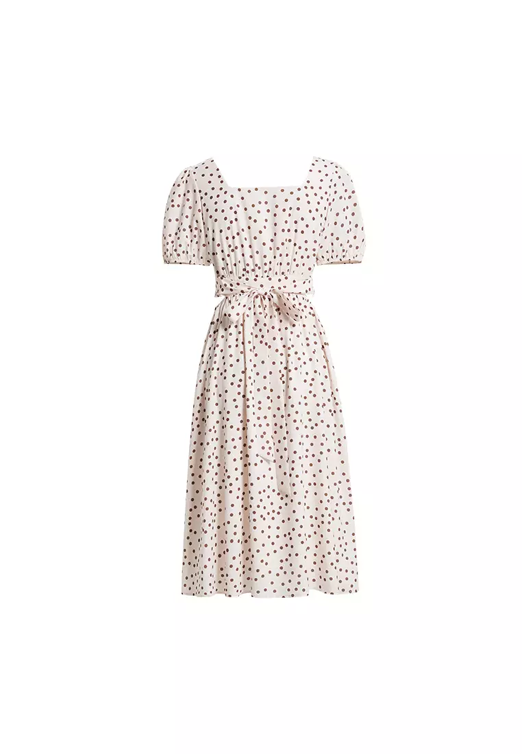 Solid Polka Dot Summer Midi Dress with Back Waist Tie