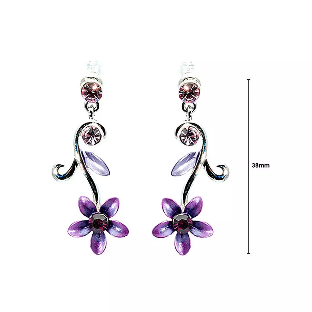 Purple Flower Earrings with Austrian Element Crystals
