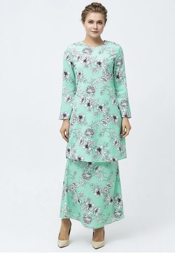 Mint Floral Outline Baju Kurung from Era Maya in black and white and Green