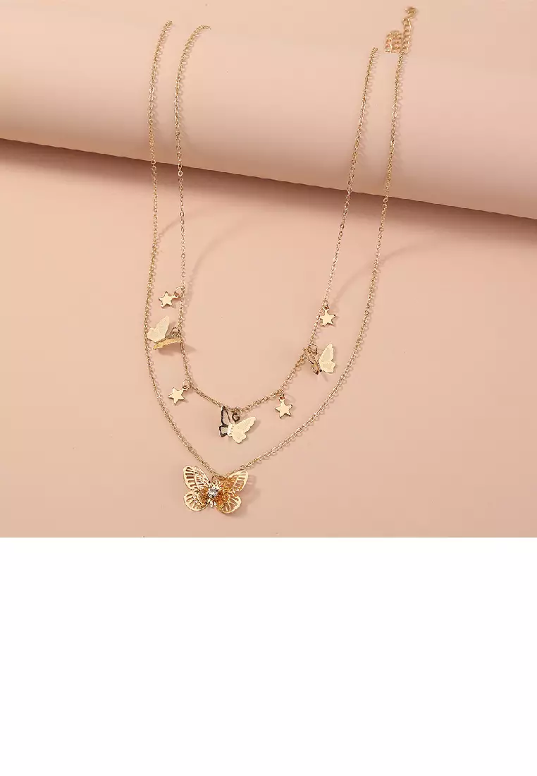 Elegant Fashion Plated Gold Hollow Butterfly Pendant with Cubic Zirconia and Double Layer Necklace