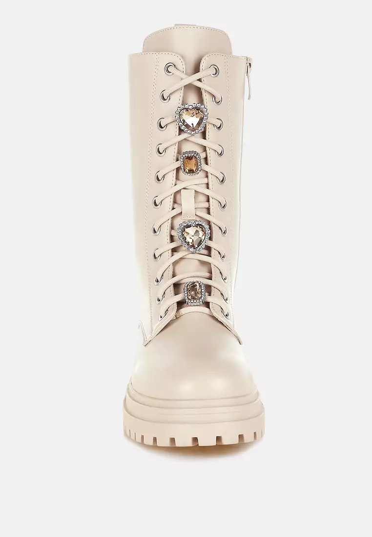 Rhinestone jewelled Chunky Boots in Beige