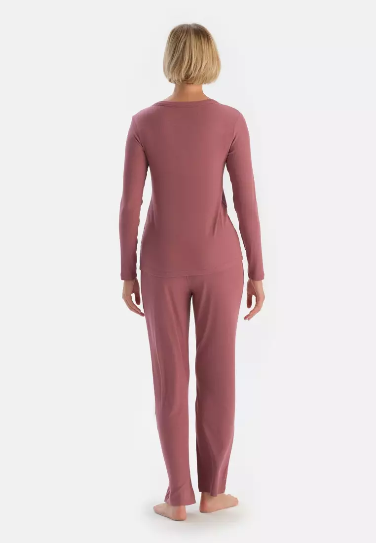 Dusty Rose T-Shirt & Trousers Set, V-Neck, Regular Fit, Long Sleeve Sleepwear for Women
