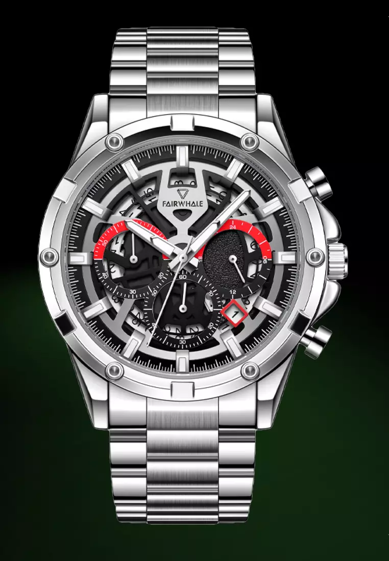 Unisex Stainless Steel Quartz Chronograph Watch, Black Dial, 43mm, Stainless Steel Bracelet