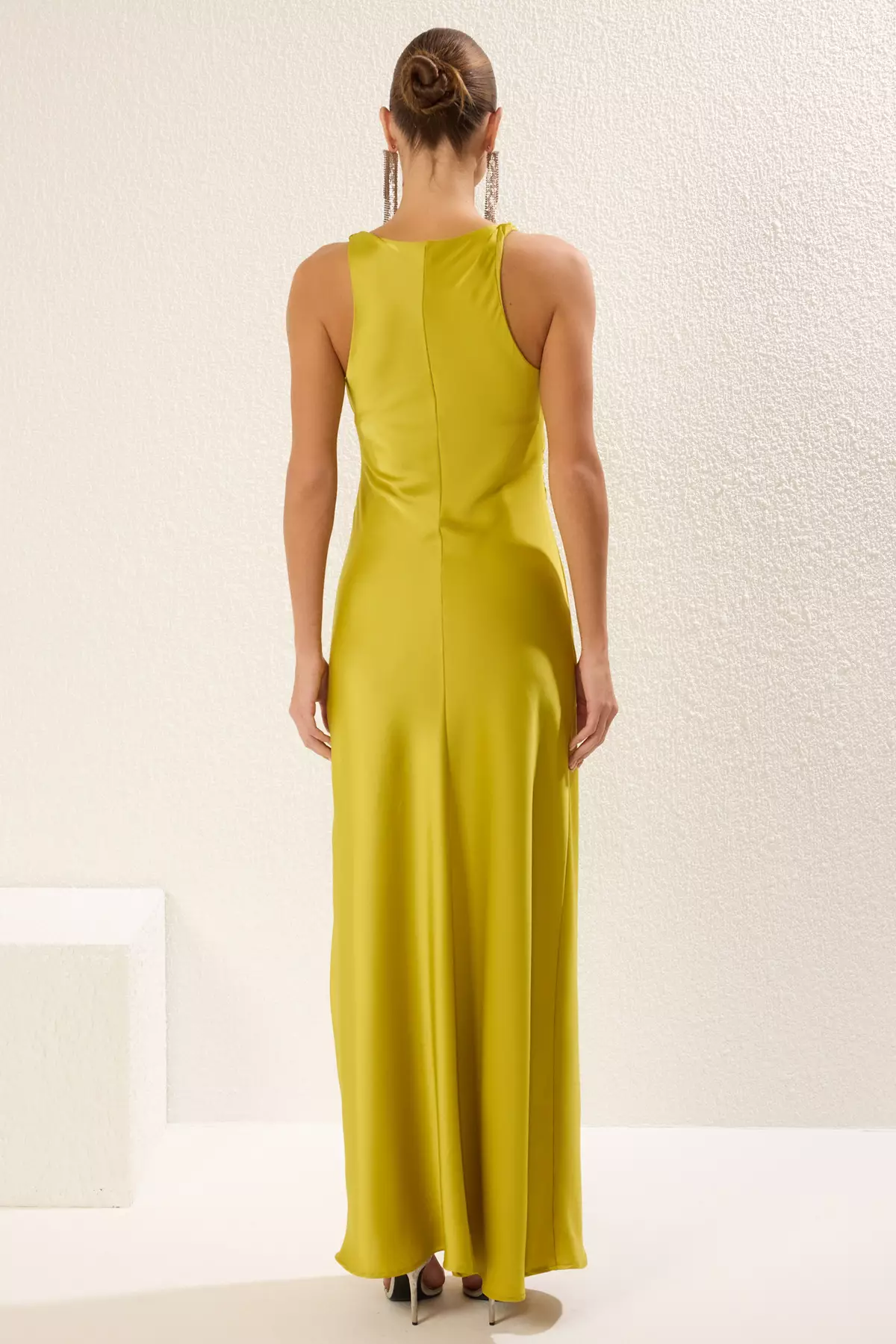 Oil Green Fitted Satin Woven Maxi Evening Prom Dress TPRSS25AE00066