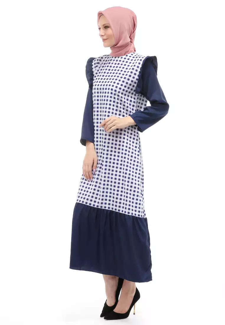 Ghina Gamis Tartan Muslimah Long Casual Wanita Regular Fit - Navy